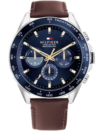 Tommy Hilfiger Stainless Steel Quartz Watch With Leather Strap - Blue