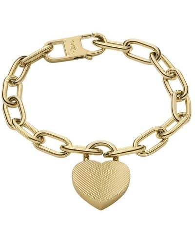 Fossil Harlow Linear Texture Heart Gold-tone Stainless Steel Station Bracelet - Metallic