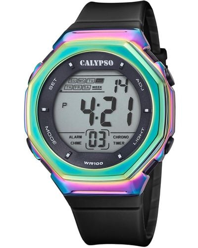 Calypso St. Barth K5842/3 Watch Rubber Plastic 10 Bar Digital Date Light Alarm Timer Black - Blue