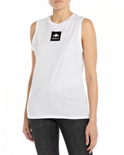 Replay T-shirt blanc avec logo sans manches pour femme