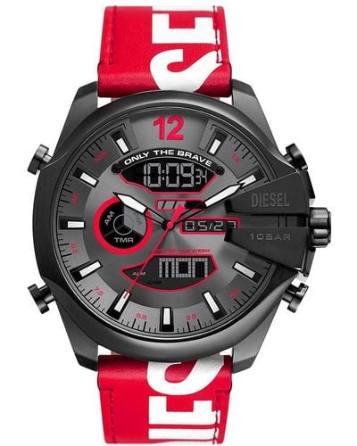 DIESEL Uhr Mega Chief LCD Uhrwerk 51 mm Gehäusegröße mit einem Lederarmband DZ4647 - Rot