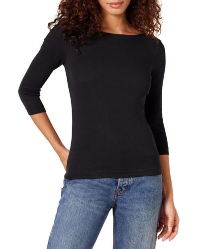 Amazon Essentials Camiseta Lisa y Entallada de ga 3/4 con Escote Barco Mujer - Negro
