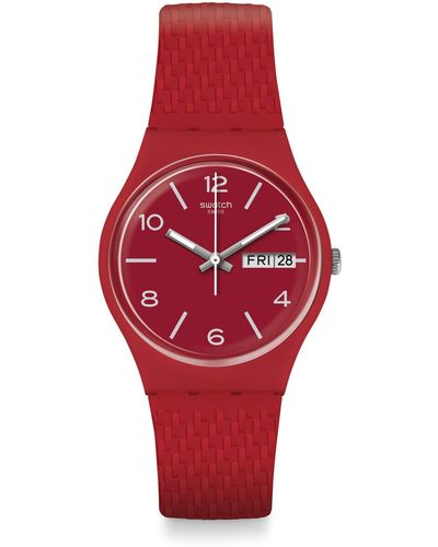 Swatch Erwachsene Analog Quarz Uhr mit Silikon Armband GR710 - Rot