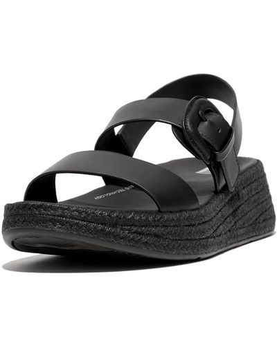 Fitflop F-mode Espadrille Buckle Leather Flatform Sandals Wedge - Black