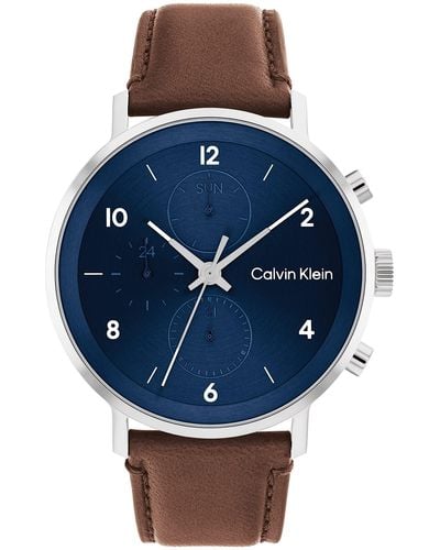 Calvin Klein Multifunction Stainless Steel And Leather Strap Watch - Metallic