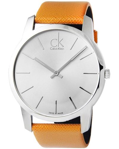 Calvin Klein K2g21138 Orange Leather Swiss Quartz Watch With Silver Dial - Multicolour