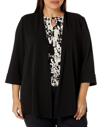 Kasper Plus Size Open Front Cardigan With Sideseam Pocket In Stretch Crosshatch Fabric - Black
