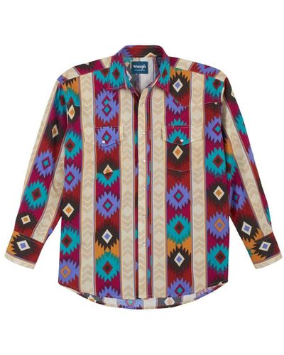 Wrangler Big & Tall Western Checotah Aztec Print Long Sleeve Snap Shirt - Blue