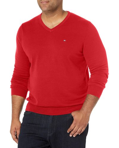 Tommy Hilfiger Mens Cotton V Neck Sweater - Red