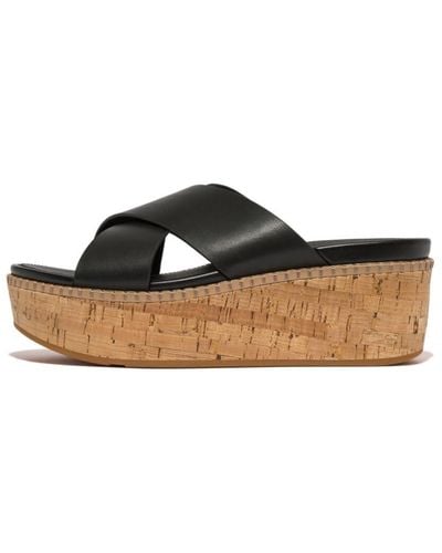 Fitflop Eloise Leather/cork Wedge Cross Slides Sandal - Black