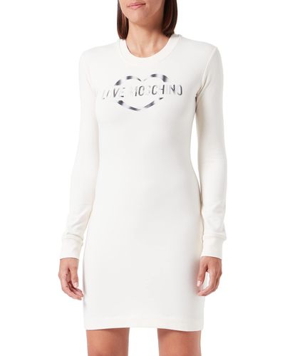 Love Moschino Tight-fitting Long Sleeves in Stretch Cotton-modal Fleece With Heart Olographic Print Dress - Weiß