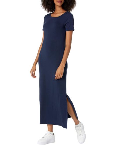 Amazon Essentials Daily Ritual Jersey Ronde Hals Maxi-jurk Met Korte Mouwen Met Zijsplit - Blauw