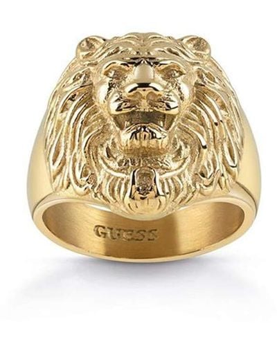Guess , anello a forma di testa di leone, da uomo, in acciaio inox, placcato oro e Acciaio inossidabile, 20, cod. UMR78001-60 - Metallizzato