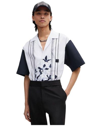HUGO S Egeeno Oversized-fit Shirt With Chain And Floral Print White - Black