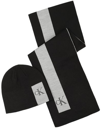 Calvin Klein Enclosed Silicone Ck Monogram Beanie And Scarf Set Hat - Black