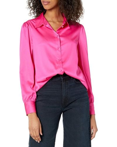 The Drop @lucyswhims Long-sleeve Button Down Stretch Satin Shirt - Red