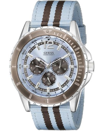 Guess U0454g4 Ice Blue & Brown Canvas Multi-function Watch With Day - Grey