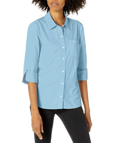 Tommy Hilfiger Solid Button Collared Shirt With Adjustable Sleeves - Blue