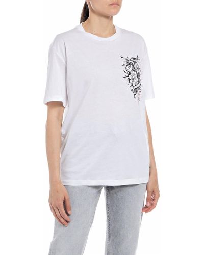 Replay T-Shirt Donna ica Corta con Stampa Serpenti - Bianco