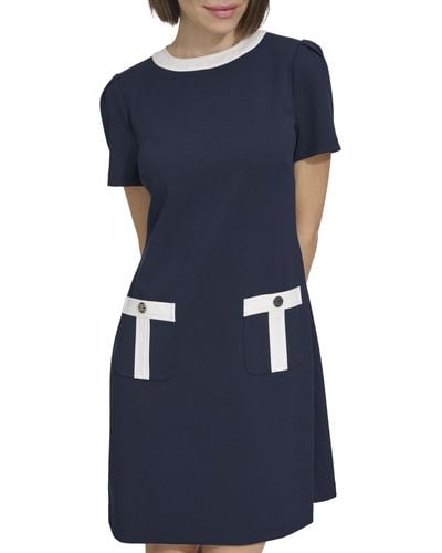 Tommy Hilfiger Scuba Crepe Fabric Logo Enamel Pocket Snaps Dress - Blue