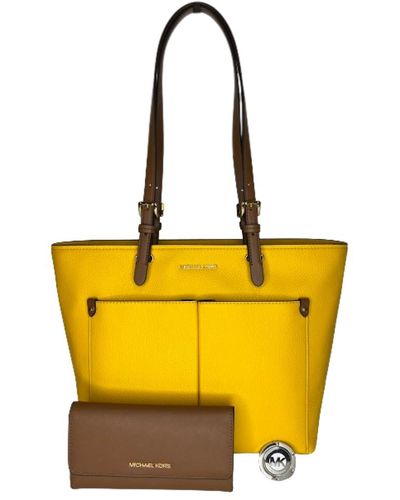 Michael Kors Jet Set Travel Md Doulbe Pocket Tote Bundled With Large Trifold Wallet And Purse Hook - Yellow