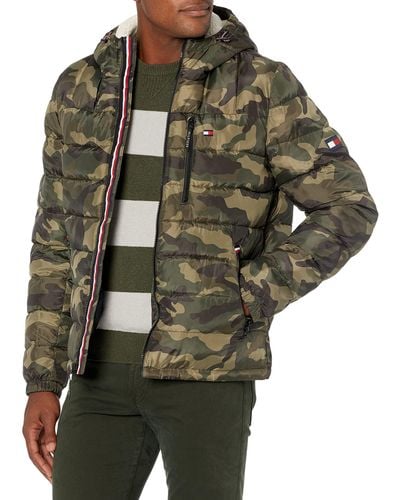 Tommy Hilfiger Midweight Sherpa Lined Hooded Water Resistant Puffer Jacket - Green