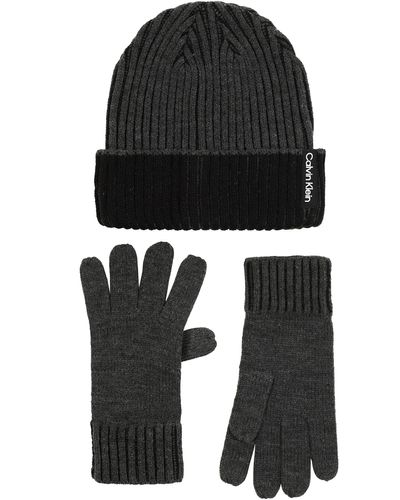 Calvin Klein Double Wide Fisherman Rib Cuff Hat And Glove Set - Black