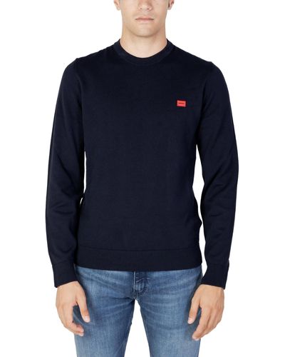 HUGO Knitted Cotton Jumper With Red Logo Label - Blue