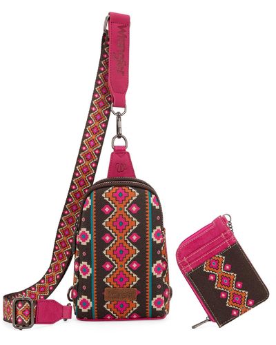 Wrangler Aztec Crossbody Sling Bags For Wallet Set - Red