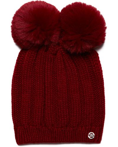 Steve Madden Double Pom Chunky Ribbed Knit Beanie - Red