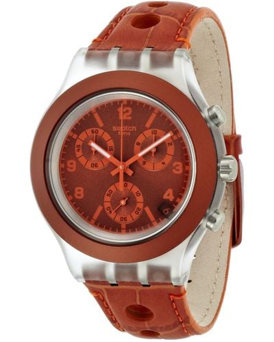 Swatch Chronograph Quarz Uhr mit Leder Armband SVCK4073_Orange - Rot