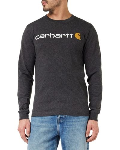 Carhartt , , Lockeres, schweres, langärmliges T-Shirt mit Logo-Grafik, Anthrazit meliert, S - Blau