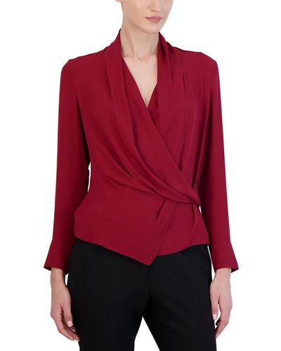 BCBGMAXAZRIA Long Sleeve Relaxed Faux Wrap Top Surplice Neck Front Twist Drape Shirt - Red