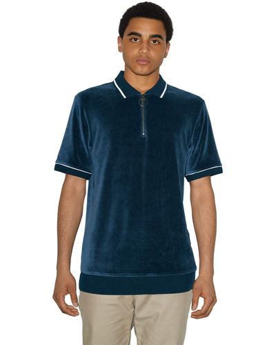 American Apparel Stretch Velour Short Sleeve Zip Up Polo - Blue
