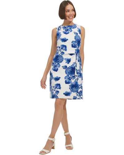 Tommy Hilfiger Sleeveless Bateau Neck Floral Print Salon Stretch Dress - Blue
