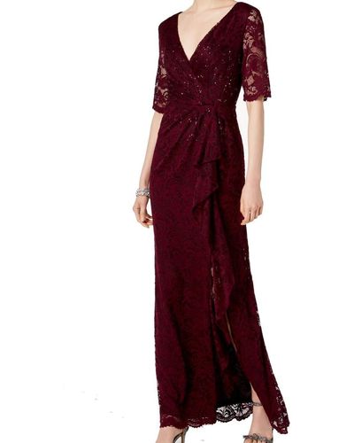 Adrianna Papell Paisley St. Lace Long Dress With Draped Skirt - Purple