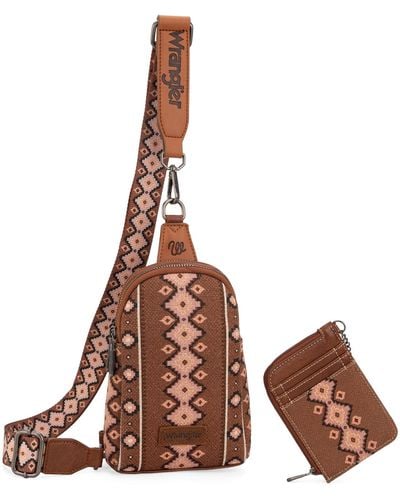Wrangler Aztec Crossbody Sling Bags For Wallet Set - Brown