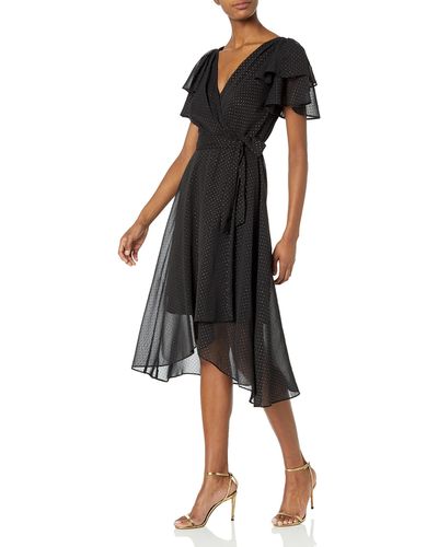 DKNY Double Ruffle Sleeve Asymmetrical Hem Faux Wrap Dress - Black