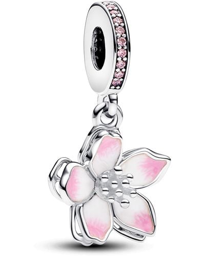 PANDORA Moments Movable Cherry Blossom Sterling Silver Dangle With Fancy Pink Cubic Zirconia And Shaded Pink Enamel