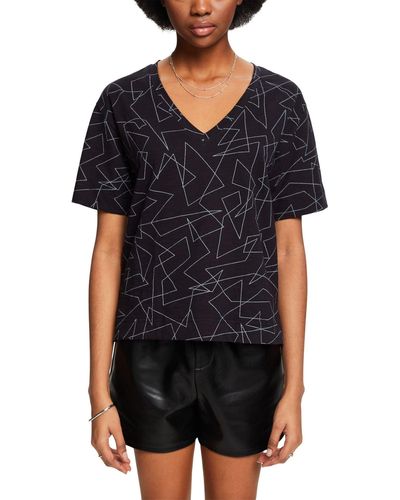 Esprit Baumwoll-T-Shirt mit V-Ausschnitt und Print - Schwarz
