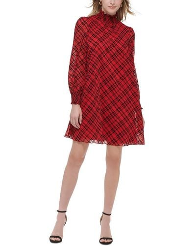 Tommy Hilfiger Petite Long Sleeve Lux Plaid Printed Chiffon Dress - Red