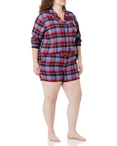 Amazon Essentials Conjunto de Pijama en Franela Tejida Ligera con Pantalones Cortos Mujer - Rojo