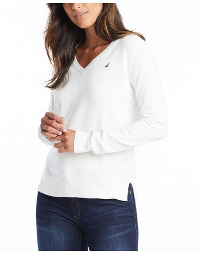 Nautica Womens Effortless J-class Long Sleeve 100% Cotton V-neck Sweater - White