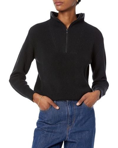 Amazon Essentials Gerippter Pullover mit halbem Reißverschluss in lockerer Passform - Schwarz