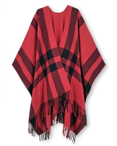 HIKARO Shawl Wrap Open Front Poncho Cape Plaid Tassel Blanket Cardigans Coat For Spring Fall Winter Red