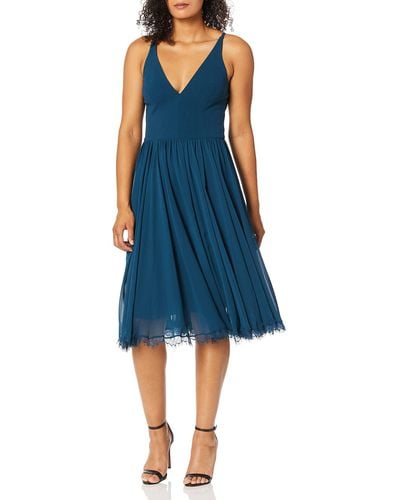 Dress the Population Alicia Plunging Mix Media Sleeveless Fit & Flare Midi Dress Dress - Blue