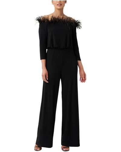 Adrianna Papell Feather Trim Jersey Jumpsuit - Black
