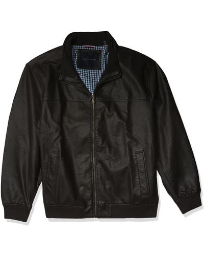 Tommy Hilfiger Mens Bomber Faux Leather Jackets - Black