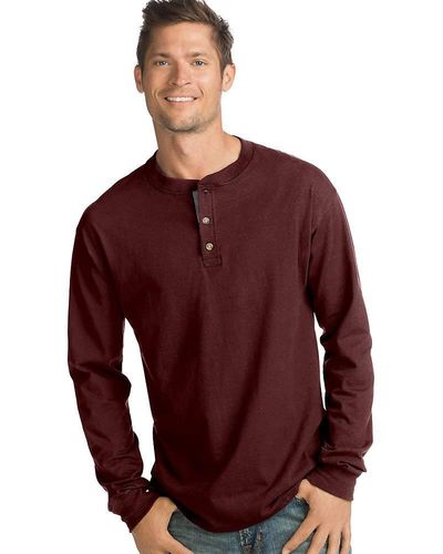 Hanes Mens Beefy Long Sleeve Three-button Henley Shirt - Red