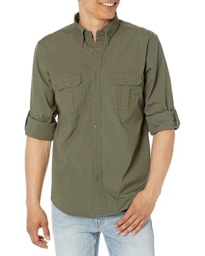 Brooks Brothers Cotton Stretch Canvas Long Sleeve Button Down Safari Shirt - Green